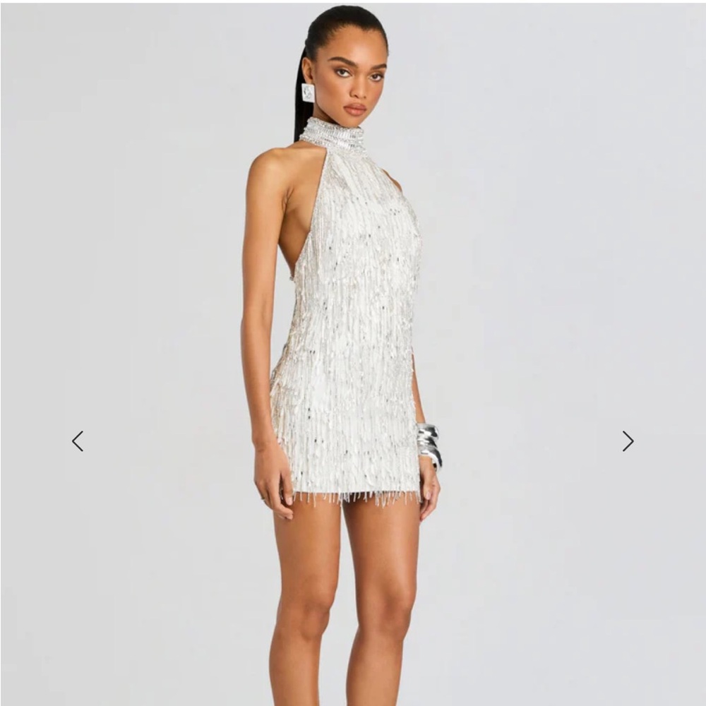 Retrofete Ivory Gold Beaded Fringe Halter Mini Dress - Picture 4 of 15